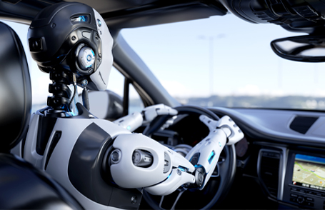 Engineer testing a robotic production simulator in robotics research facility